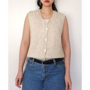 Vintage wool silk crew neck button down sparkly speckled knit sweater vest ecru